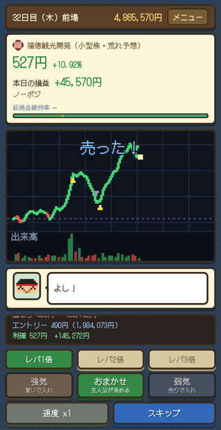 「億トレ」のプレイ画面。株価チャートで利確し「売った!」と表示されている