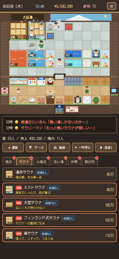 「俺のサウナ」のプレイ画面。ドット絵の浴室に客が歩いている